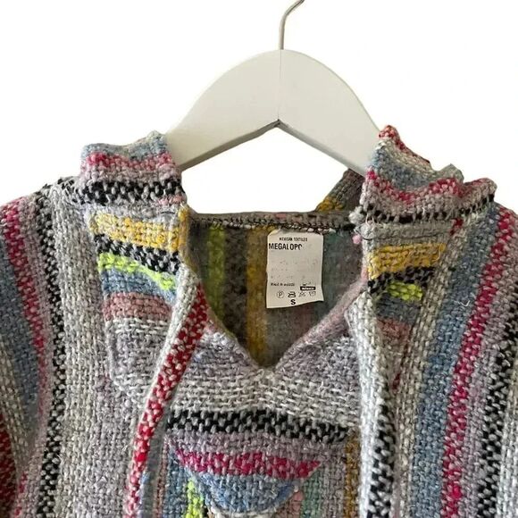 Mexican Boho Hooded Baja-Stripe Multicolor Unisex Pullover Pancho SZ S - Picture 2 of 10